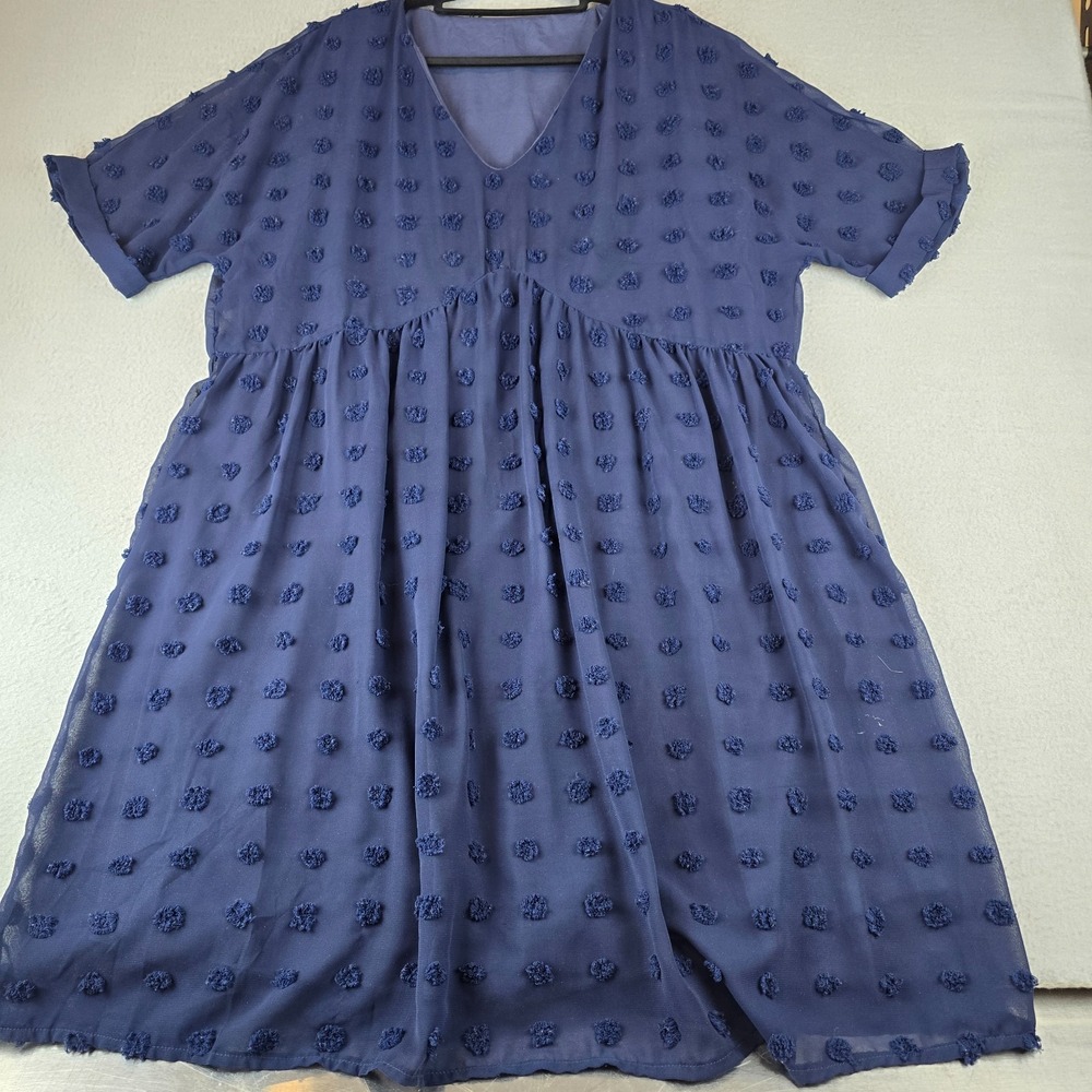 Women's Babydoll Dress XL Blue Swiss Dot Textured Short Sleeve V Neck Pullover